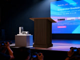 Wood Podium Stand, 44" Tall Wooden Lectern with Mic Stand Space, sliding shelf with cup holder and 17888935