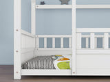 Full Size Floor Wooden Bed with House Roof Frame, Fence Guardrails,White W1858123986