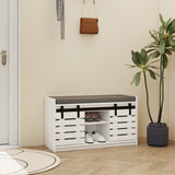Modern Shoe Storage Bench, 2-Tier Entryway Bench with 2 Sliding Barn Doors & Full Soft Removable W282P224756