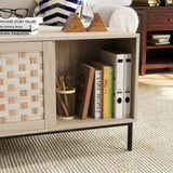 Elegant Veener Weaving Design Coffee Table with 4 Sliding Door, Wooden Center Rectangular Table with W2557P206923