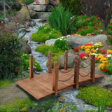 5 FT Wooden Garden Bridge, Stained Wood Arc Footbridge with Chain Railings for Backyard Creek Farm, 06028171