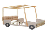 Wood Full Size Car Bed with Pillow, Ceiling Cloth and LED, Natural 41326780