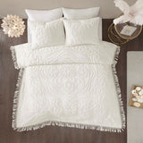 Tufted Cotton Chenille Medallion Fringe Coverlet Mini Set Off-White Full/Queen B03597523