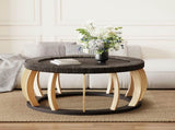 35.43"Vintage Rattan Solid Wood Round Coffee Table, Curved Legs Boho Accent Table for Dining Room, W757P445115