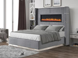 Lizelle Upholstery Wooden King Bed with Ambient lighting in Gray Velvet Finish B00977486