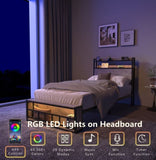 Twin Bed Frames , Headboard and Charging Station & LED Light for Bedroom, Solid and Stable, Noise W2129P314786