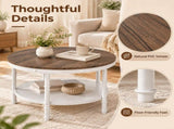 Round 2-Tier Wood Coffee Table, Dark Walnut Finish with Black Wood Grain, White Textured 27271682