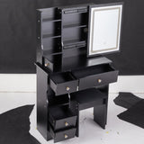 Small Size Left Drawer Desktop Vanity Table Cushioned Stool, Touch Control Sliding LED Mirror, W936P226035