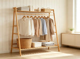 Natural Bamboo Clothing Rack, Multi-Layer Garment Organizer with Top & Bottom Storage Shelves, Side 02619483