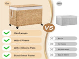 160L 3-Section Laundry with Lid and Wheels, Woven Natural Water Hyacinth Rolling Laundry 28759343