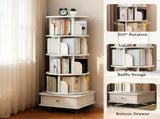5 Tier Rotating Bookshelf, 360&deg Display Round Spinning Bookshelf with Wheels and Drawer, 05327694