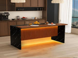 63" Modern Kitchen Island with Marble-Look Surface, LED Lights & Grille Design for Dining Room, W2699P365915