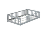 Twin Size Floor Bed with Fence without Door, Rubber Wood Floor Bed with Safety Guardrails,Grey W504P296793