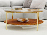Luxurious Round Coffee Table with-Tinted Tempered Glass Top Walnut Wood Storage Shelf, Sturdy W1935P457159
