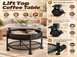 Lift Top Round Coffee Table with RGB LED Lights, Mobile Wheels & Hidden 76070231
