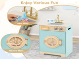 Blue Kids Wooden Toy Washing Machine Playset, Realistic Rotating Wheel & Removable Sink 28716823