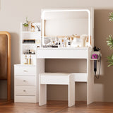 Vanity table with LED-lit mirror with power outlet and hairdryer shelving, with 4 drawers and W1668P197385