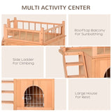 ZNTS Natural Wood 2-Level Wooden Cat House with Lockable Wire Door 15770241