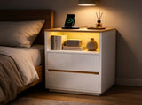 High Gloss White & Oak Two-Tone Nightstand, RGB Light, US Power Outlet, 2 Drawers 37462022