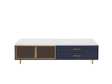 Modern Navy Blue Coffee Table with 2 Glass Door Storage, 4 Drawers, Gold Metal Legs, and Multi-Color N735P167910