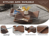 The Round Coffee Table with Glass Top and Geometric Abstract Art Deco Base Storage Shelves, Walnut, N735P350383D