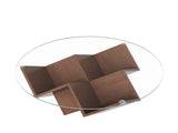 The Round Coffee Table with Glass Top and Geometric Abstract Art Deco Base Storage Shelves, Walnut, N735P350383D
