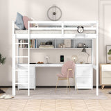 ZNTS Full Size Loft Bed with Desk, Cabinets, Drawers and Bedside Tray, Charging Station, White 26218691