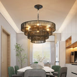 Rustic 4-Tier Black Hemp Rope Chandelier with 6 E12 Sockets, UL Listed Hardwired Pendant Light, W1340P241298