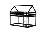 Twin over Twin Rubber Wood Floor Bunk Bed, with ladder,Guardrails,House-Shaped-Bunk Bed, Black W504P206865