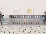 Queen Size Floor Bed with Fence,Door,Rubber Wood Floor Bed with Safety Guardrails,Grey W504P286386