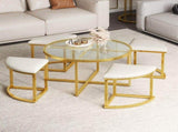 Modern Round Coffee Table Set with 4 Nesting Stools, Tempered Glass Top & Gold Metal Frame, Space N735P525144K