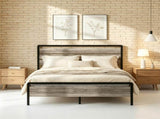 King Size Metal Wood Platform Bed Frame, 3-Panel Wash Grey Wood Grain Headboard with LED Light & 86125033