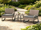3 Piece Outdoor PE Rattan Rocking Bistro Set, 2 Rocking Chairs with Washable Gray Cushions & 2-Tier 38617759