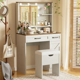 Farmhouse Makeup Vanity Desk with Mirror and Lights, 3 Lighting Modes, Vanity Set with Stool, N704P210506K