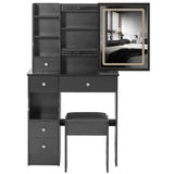 Small Size Left Drawer Desktop Vanity Table Cushioned Stool, Touch Control Sliding LED Mirror, W936P202449