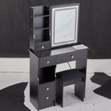 Small Size Left Drawer Desktop Vanity Table Cushioned Stool, Touch Control Sliding LED Mirror, W936P226035