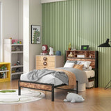 Twin Size Bed Frame with Storage Headboard, Metal Platform Bed with Charging Station, Bookcase 04195824