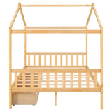 Full Size House Platform Bed with Two Drawers,Headboard and Footboard,Roof Design,Natural WF292923AAD
