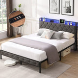 Queen Bed Frame Storage Headboard, Charging Station and LED Lights, Upholstered Platform Bed 09464391