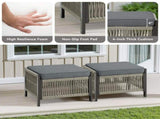 Outdoor PE Wicker Ottomans Set of 2, Patio Rattan Footrests with Gray Cushion for Backyard or Deck T3773P419406