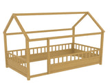 Twin Size Floor Wooden Bed with House Roof Frame, Fence Guardrails, W1858P310084