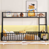 Twin Size Floor Bed Frame with Safety Fence, Metal Floor Bed with Desk and Storage Shelves, W1580P240068