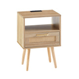 15.75" Rattan End table with Power Outlet & USB Ports , Modern nightstand with drawer and solid wood W126573116