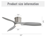 52 Inch Flush Mount Ceiling Fan with Dimmable Led Light 3 ABS Fan Blades Reversible DC Motor For W934P211139