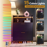 Double Door 6-Layer Shoe Cabinet with High Foot LED Lights Particle Board 80*38*90cm Black 37595118