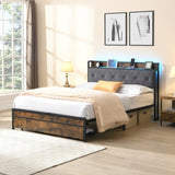 King Bed Frame with Storage, Bed Frame with LED Lights Upholstered Headboard and 2 Drawers, USB & W311P284693