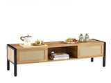 54.33" Rattan TV cabinet with variable color light strip, double sliding doors for storage, W1265121746