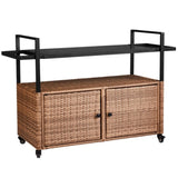 ZNTS Outdoor Bar Cart Table, Large Wicker Island Rolling Cart, Wheeled Buffet Serving Cart with Glass Top 04069114