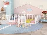 Twin Size Wood Floor Bed Frame with Fence and Door, White WF299299AAK