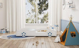 ZNTS Wooden Race Car Bed,Car-Shaped Platform Twin Bed with Wheels For Teens,White & Blue WF310553AAK